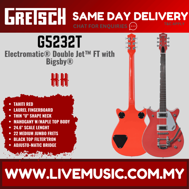 Gretsch G5232T Electromatic Double Jet FT Electric Guitar w/Bigsby, Laurel FB, Tahiti Red