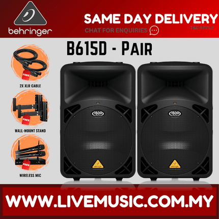 Behringer Eurolive B615D 1500W 15" Powered Speaker w/Wireless Mic, Speaker Stand and Cable - Pair ( B-615D / B 615D )
