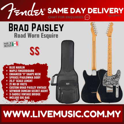 Fender Brad Paisley Road Worn Esquire Electric Guitar, Maple FB, Black Sparkle