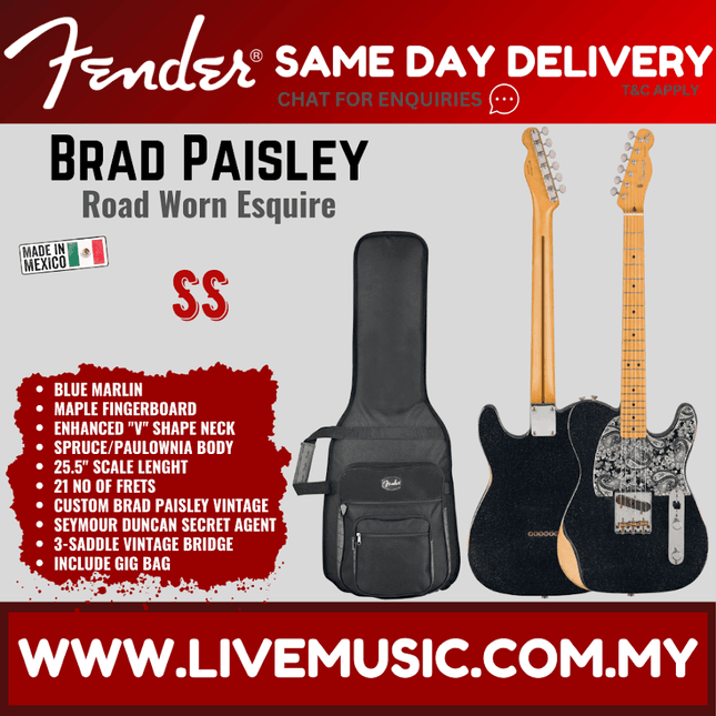 Fender Brad Paisley Road Worn Esquire Electric Guitar, Maple FB, Black Sparkle