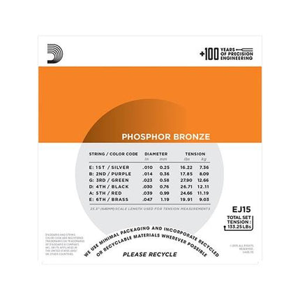 D'Addario EJ15 - Phosphor Bronze Acoustic Strings, Extra Light (10-47)(DAddario)