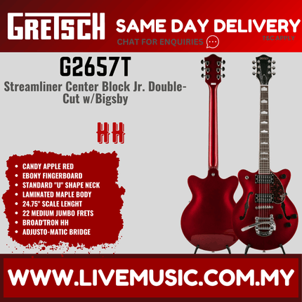 Gretsch G2657T Streamliner Center Block Jr. Double-Cut w/Bigsby Electric Guitar, Candy Apple Red