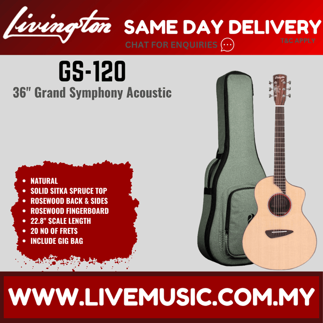 Livingston GS-120 EQ 36" Sitka Solid Top Grand Symphony Acoustic-Electric Guitar, RW FB - Natural ( GS 120 GS120 )