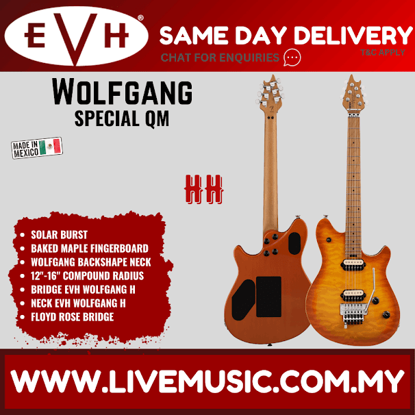 EVH Wolfgang Special QM Electric Guitar, Baked Maple FB, Solar Burst
