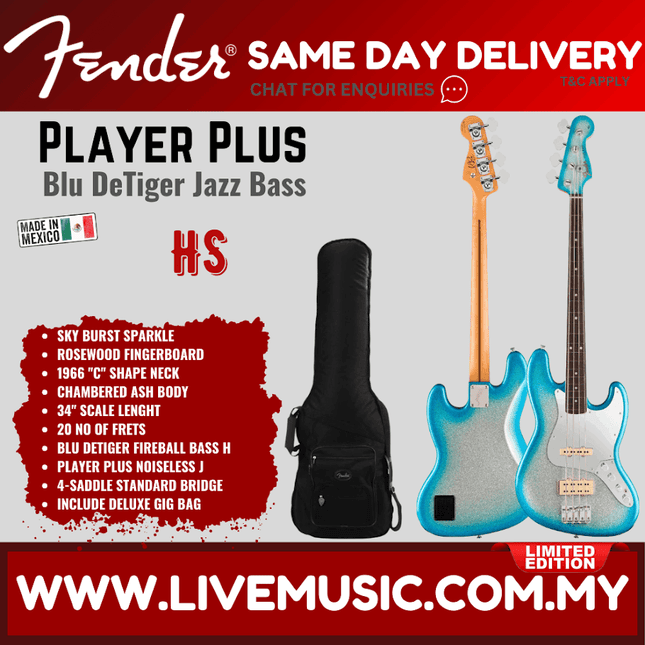 Fender Limited Player Plus x Blu DeTiger Jazz Bass Guitar, RW FB, Sky Burst Sparkle