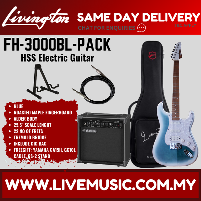Livingston FH-3000-PACK Stratocaster HSS Electric Guitar w/GA15II Amplifier, Roasted Maple Fretboard - ( FH3000 FH 3000 )