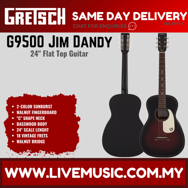 Gretsch G9500 Jim Dandy Flat Top Parlor Acoustic Guitar, 2-Colour Sunburst