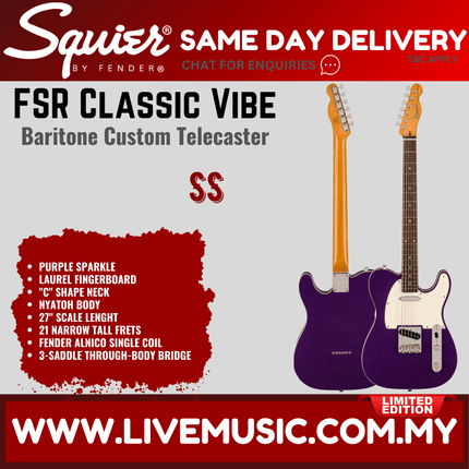 Squier Classic Vibe Baritone Custom Telecaster Guitar, Indian Laurel FB, Purple Sparkle