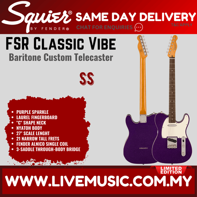 Squier Classic Vibe Baritone Custom Telecaster Guitar, Indian Laurel FB, Purple Sparkle