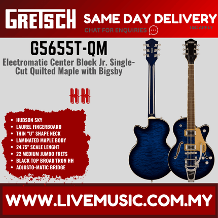 Gretsch G5655T-QM Electromatic Center Block Jr. Single-Cut Quilted w/ Bigsby Guitar, Maple FB, Hudson Sky