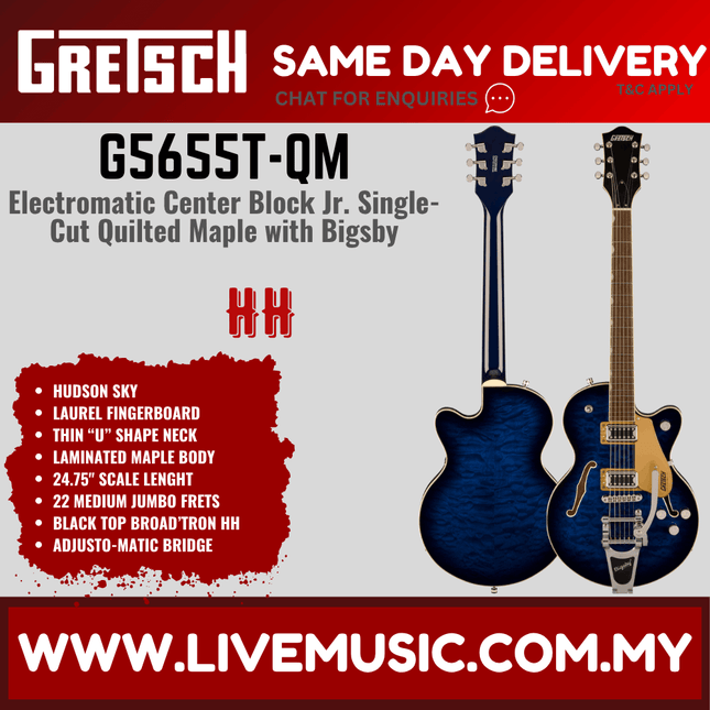 Gretsch G5655T-QM Electromatic Center Block Jr. Single-Cut Quilted w/ Bigsby Guitar, Maple FB, Hudson Sky
