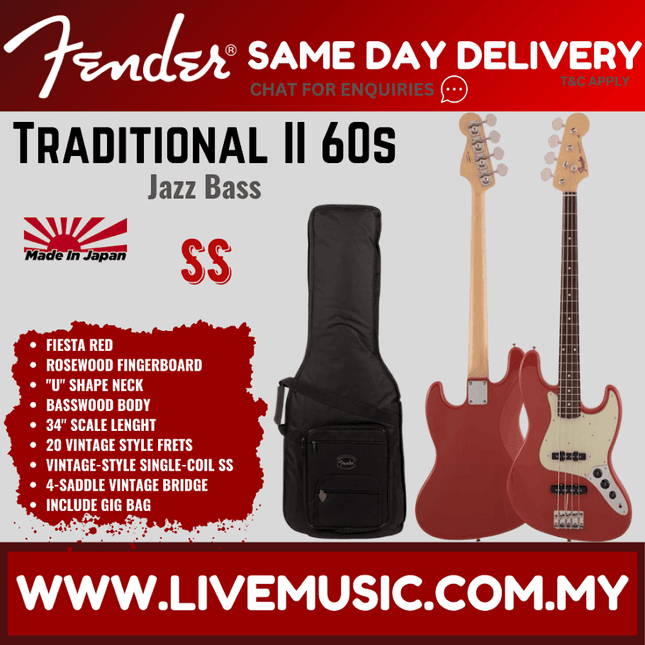 Fender Japan Traditional II 60s Jazz Bass Guitar, Rosewood Fretboard with FREE Gig Bag - Fiesta Red
