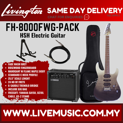 Livingston FH-8000-PACK Stratocaster HSH Electric Guitar w/GA15II Amplifier, Rosewood Fretboard - ( FH8000 FH 8000 )
