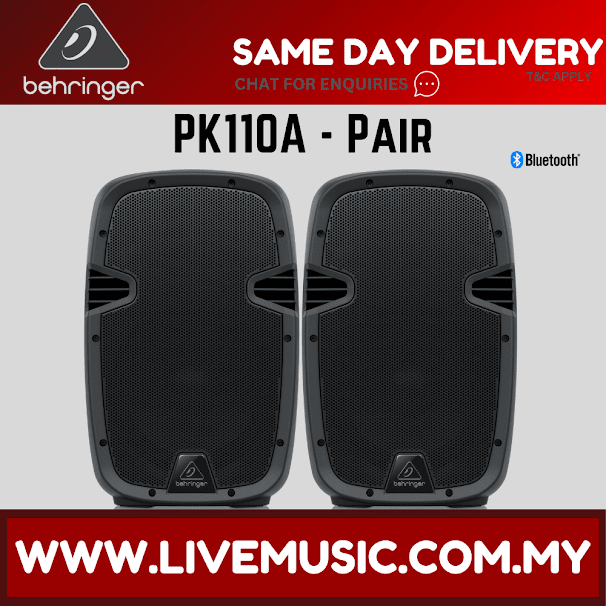 Behringer PK110A Active 350W 10" PA Speaker with Bluetooth w/UG-88HH Wireless Mic, Speaker Stand and Cable - Pair ( PK-110A / PK 110A )