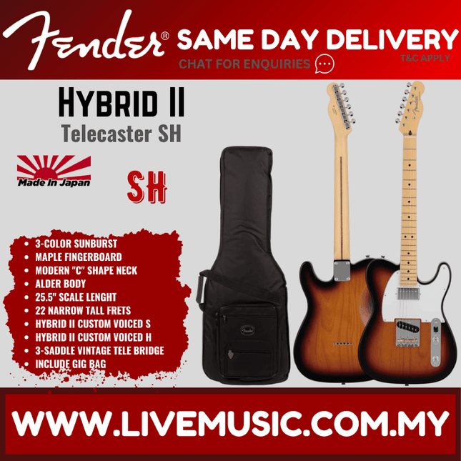 Fender Japan Hybrid II Telecaster SH Electric Guitar, Maple FB, 3-Color Sunburst