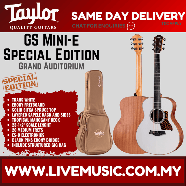 Trans white Taylor GS Mini-E acoustic guitar with included gig bag