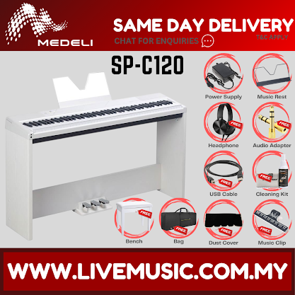 White compact digital piano with 88 keys, including headphone and accessory bundle