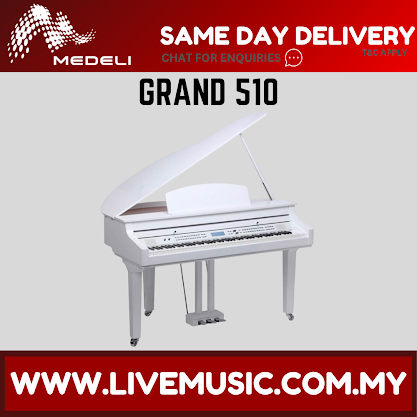 Glossy white 88-key grand digital piano with pedals and backlit LCD