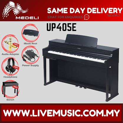 Black 88-key upright digital piano with graded action keyboard and built-in stand