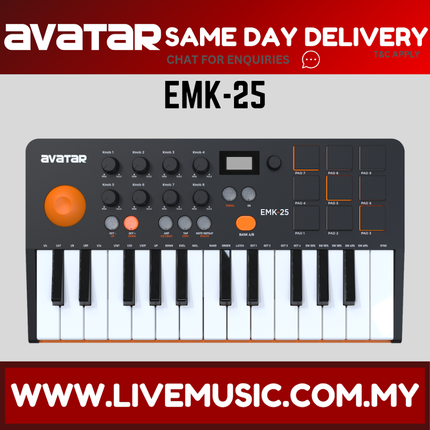 EMK-25 midi keyboard front view, white and black keys with orange knobs and display