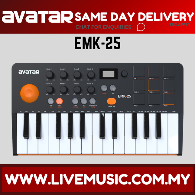 EMK-25 midi keyboard front view, white and black keys with orange knobs and display