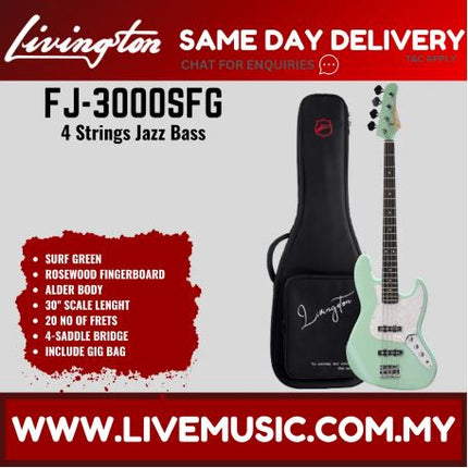 Livingston JB-3000 4-String Jazz Bass Guitar, Rosewood Fretboard, w/Gig Bag ( JB 3000 JB3000 )-Surf Green