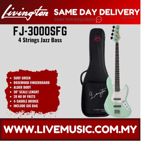 Livingston 4-string jazz bass guitar, surf green body, rosewood fretboard, gig bag