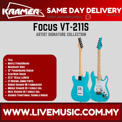 Teal Kramer Focus VT-211S electric guitar with maple neck and HSS pickups