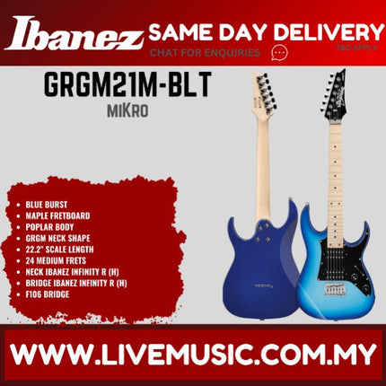 Ibanez Gio GRGM21M HH Mikro Solid Body Electric Guitar Maple Fretboard -  Blue Burst (GRGM21M-BLT )