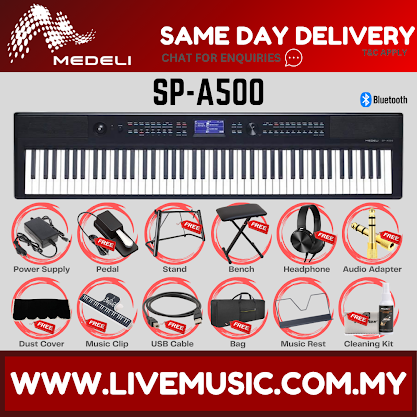Compact digital piano with 88 black keys and backlit LCD, shown with accessories icons
