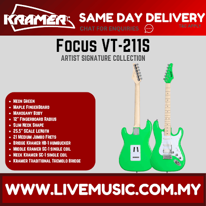 Kramer Focus VT-211S electric guitar in neon green with maple fingerboard