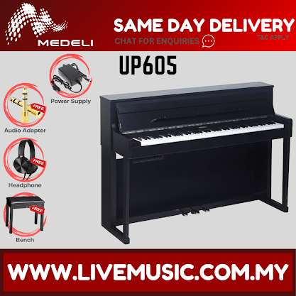 Black upright digital piano with full-size keyboard and music stand