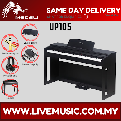 Black digital upright piano with music rest, compact stand, and accessory package