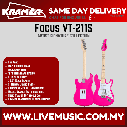 Hot pink electric guitar with maple neck and headstock, tremolo bridge, six-string
