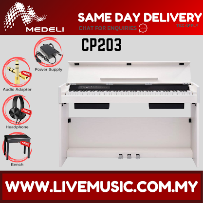 White compact digital piano with 88 keys and open top control panel