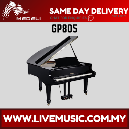 Medeli GP805 grand piano, glossy black with open lid and music stand