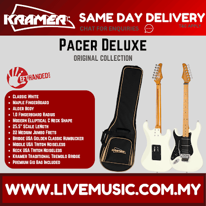Kramer Pacer Deluxe Left-handed Electric Guitar with Premium Gig Bag - Classic White