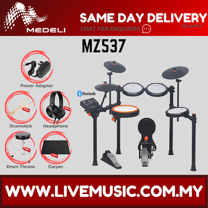 Black digital electric drum set package with drum pads, stands, stool and pedal