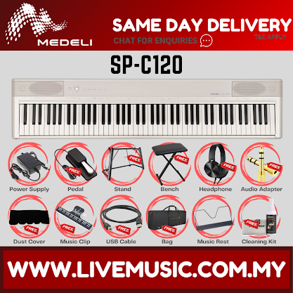 White compact digital piano front view with 88 keys and built-in dual headphone jack