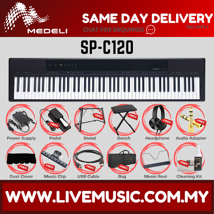 Black compact digital acoustic piano keyboard with controls and included accessory set