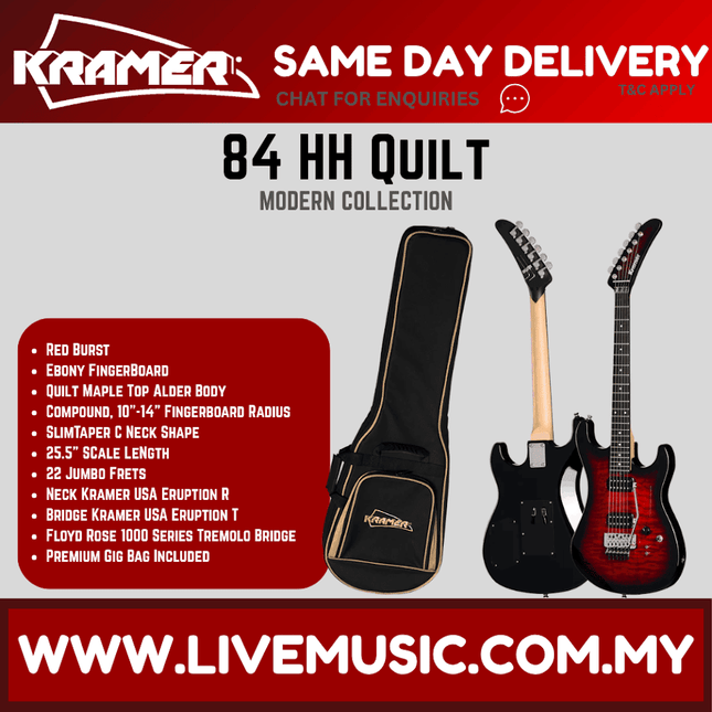 Kramer 84 HH quilt electric guitar with premium gig bag, red burst finish