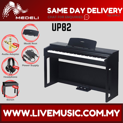Black entry-level upright digital piano keyboard on stand with built-in metronome