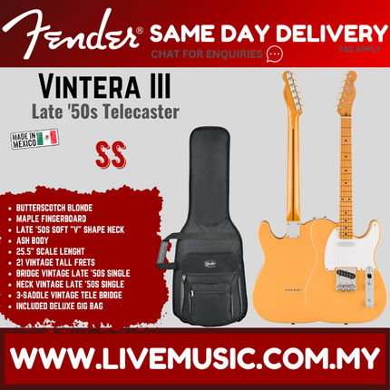Fender Vintera III Late 50s Telecaster Electric Guitar, Maple FB, Butterscotch Blonde