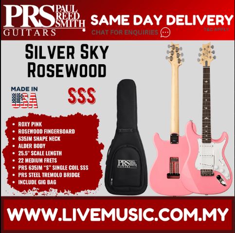 Pink electric guitar with rosewood fretboard and black gig bag
