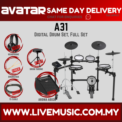 Black electric mesh drum set with drum throne, control module, and cymbals