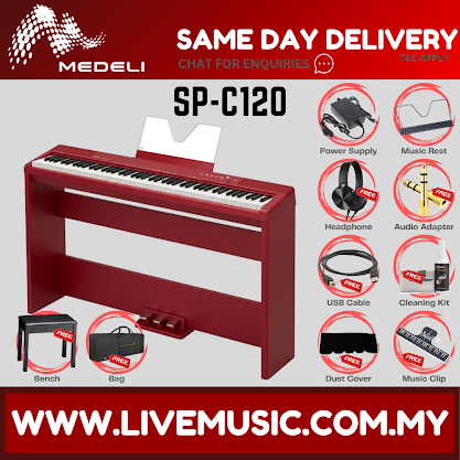 Red compact digital piano with keyboard and included accessories