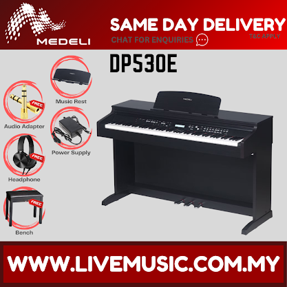 Black upright digital piano with full-size keyboard and built-in LCD display