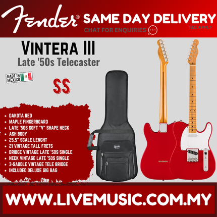 Fender Vintera III Late 50s Telecaster Electric Guitar, Maple FB,Dakota Red