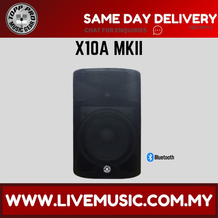 Black active loudspeaker with front woofer grille and Bluetooth indicator