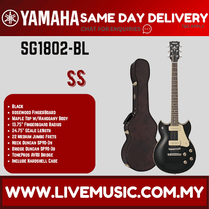 Black double-cutaway electric guitar with two pickups and fixed bridge